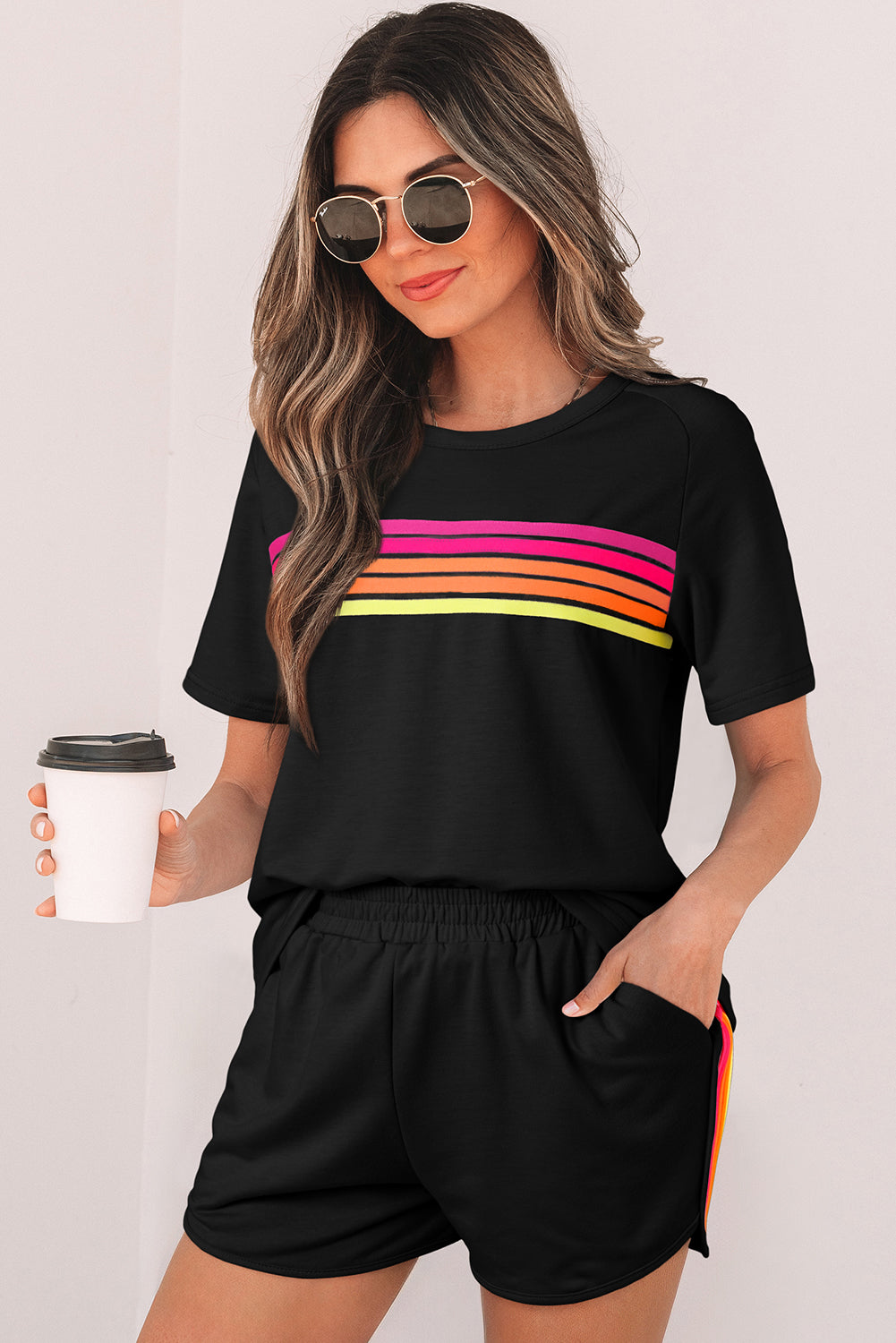 Solid Color Striped Patch Front Casual Tee