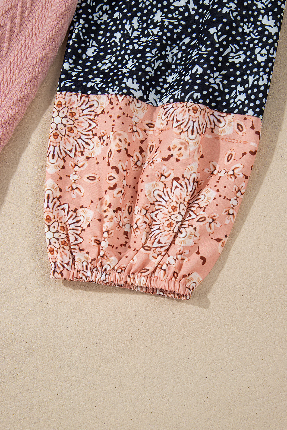 Floral Patchwork Textured Knit Drawstring V Neck Blouse