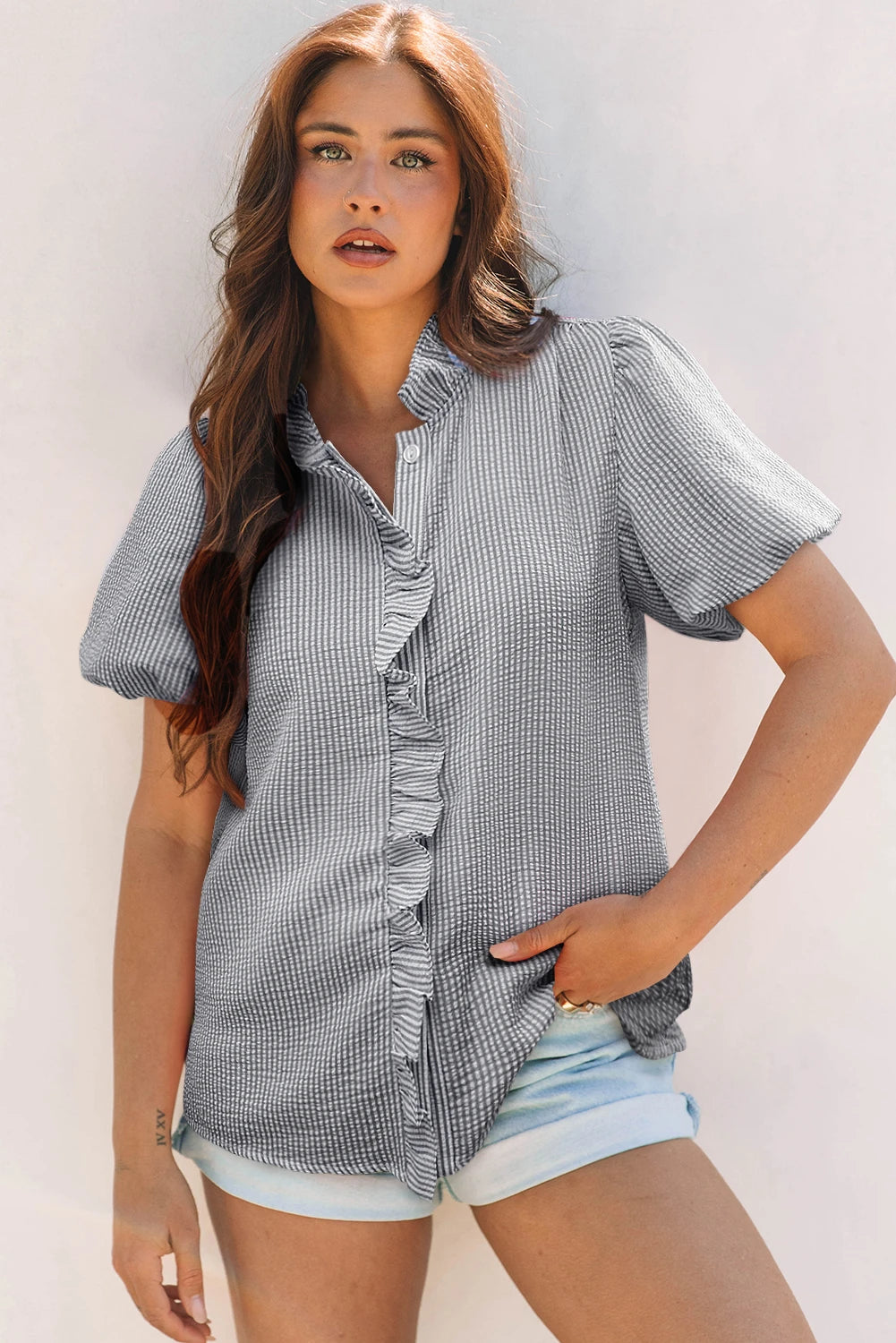 Beau Blue Striped Ruffle Short Bubble Sleeve Shirt