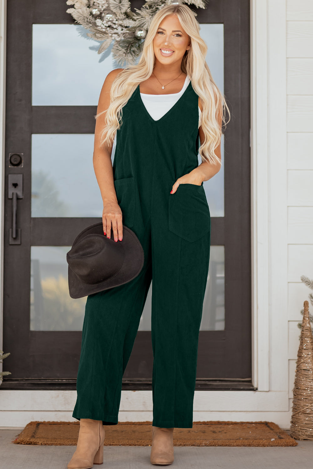 Evergreen Corduroy V Neck Patched Pocket Sleeveless Jumpsuit