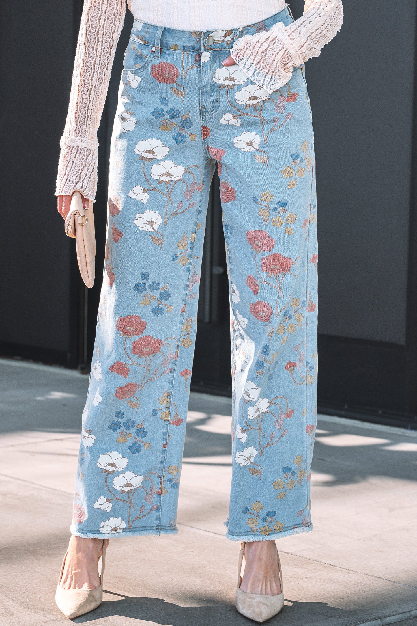 Sky Blue Floral Printed Raw Hem Shift Jeans