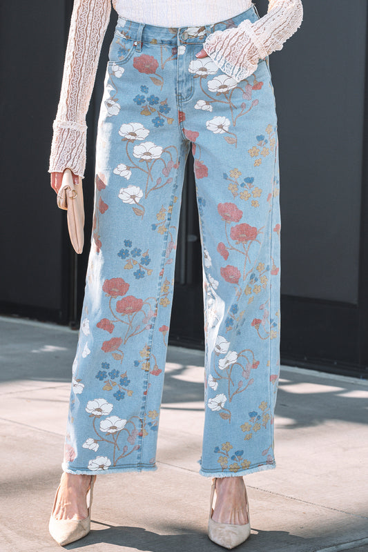 Sky Blue Floral Printed Raw Hem Shift Jeans