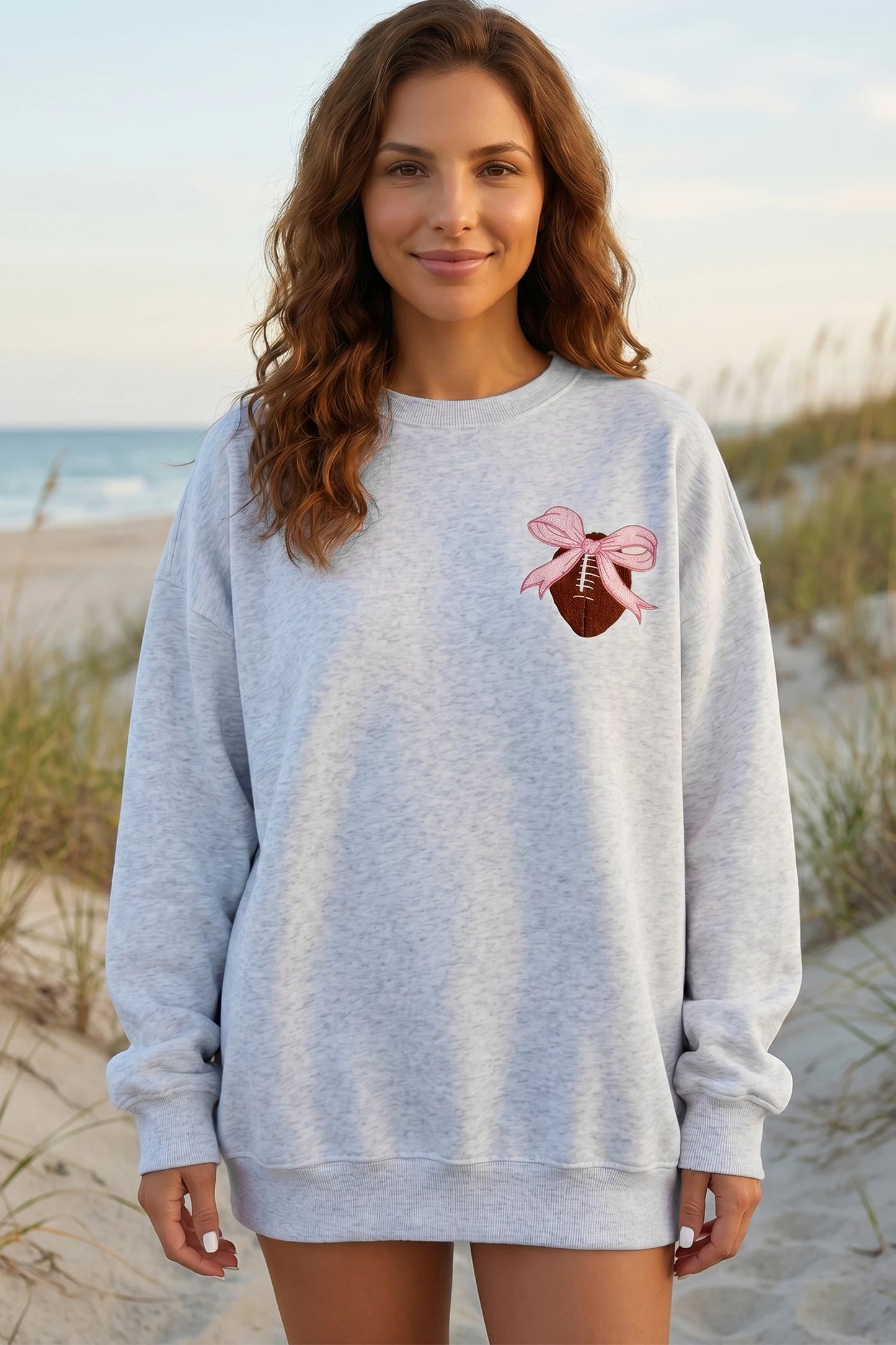 Embroidered Football Bow Back Long Sleeve Tunic Sweatshirt