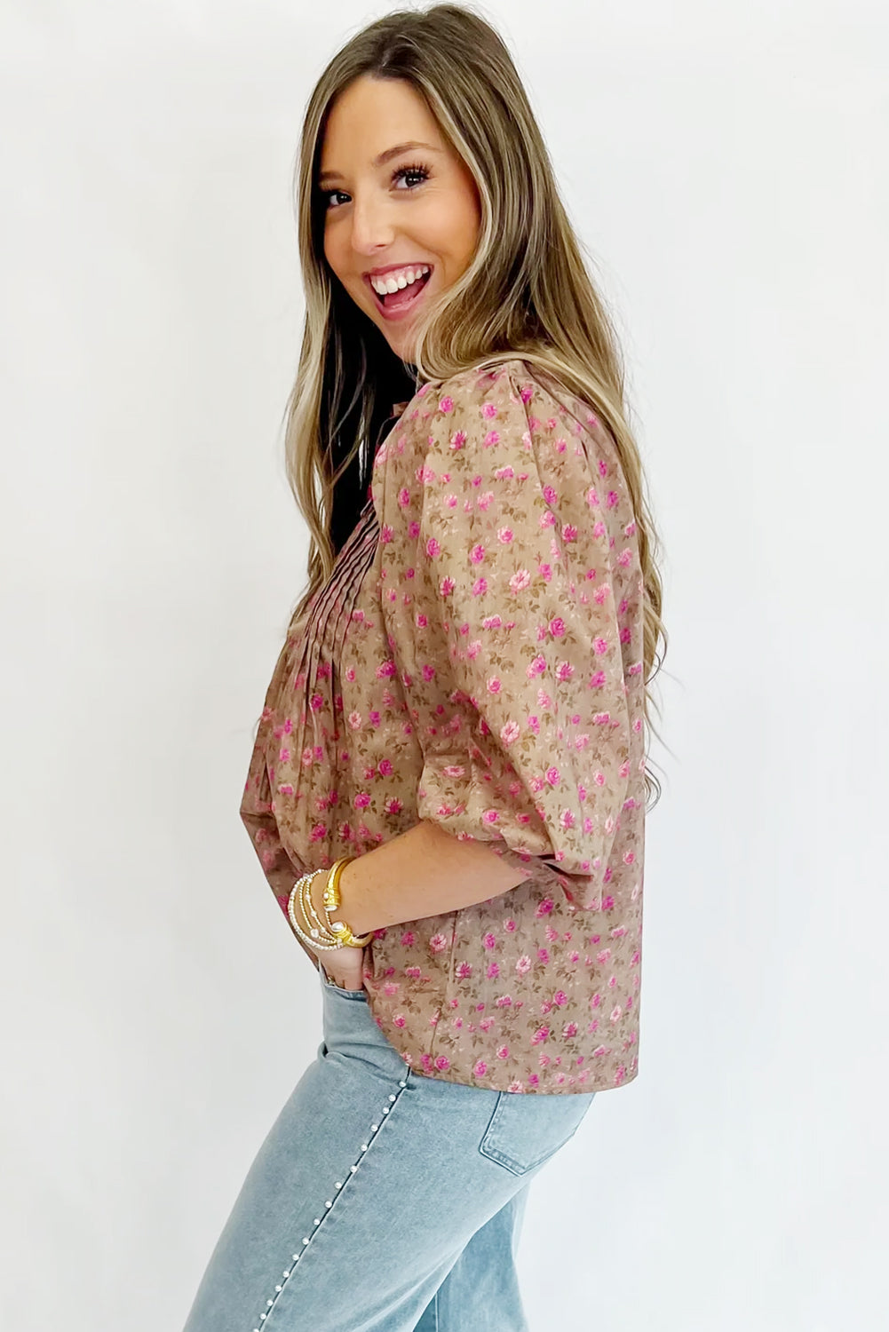Light French Beige Floral Print Bow Pintuck Bust Half Puff Sleeve Blouse Top