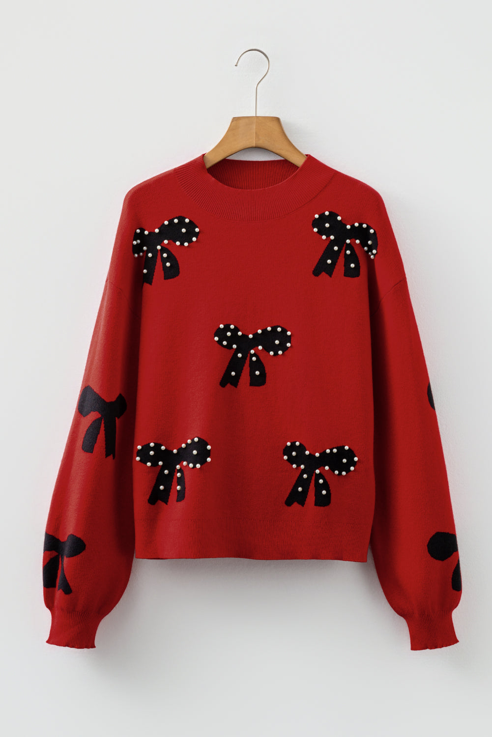 Pearl Embellished Bow Pattern Loose Sweater