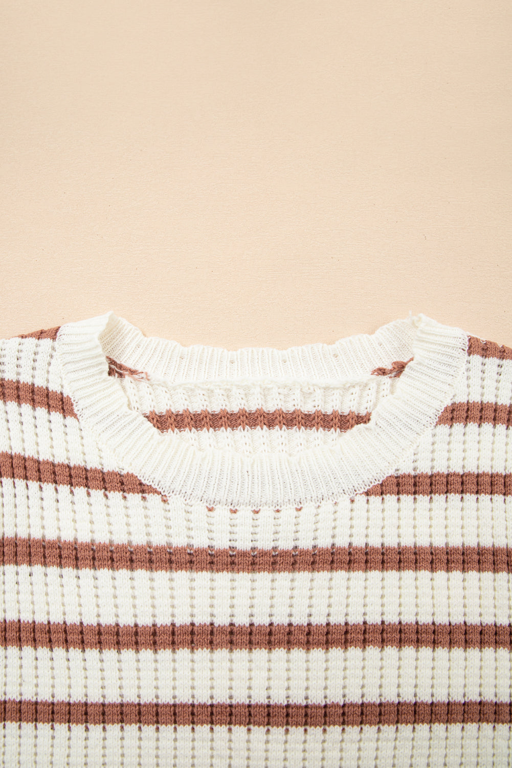 Khaki Stripe Scalloped Round Neck Short Sleeve Sweater