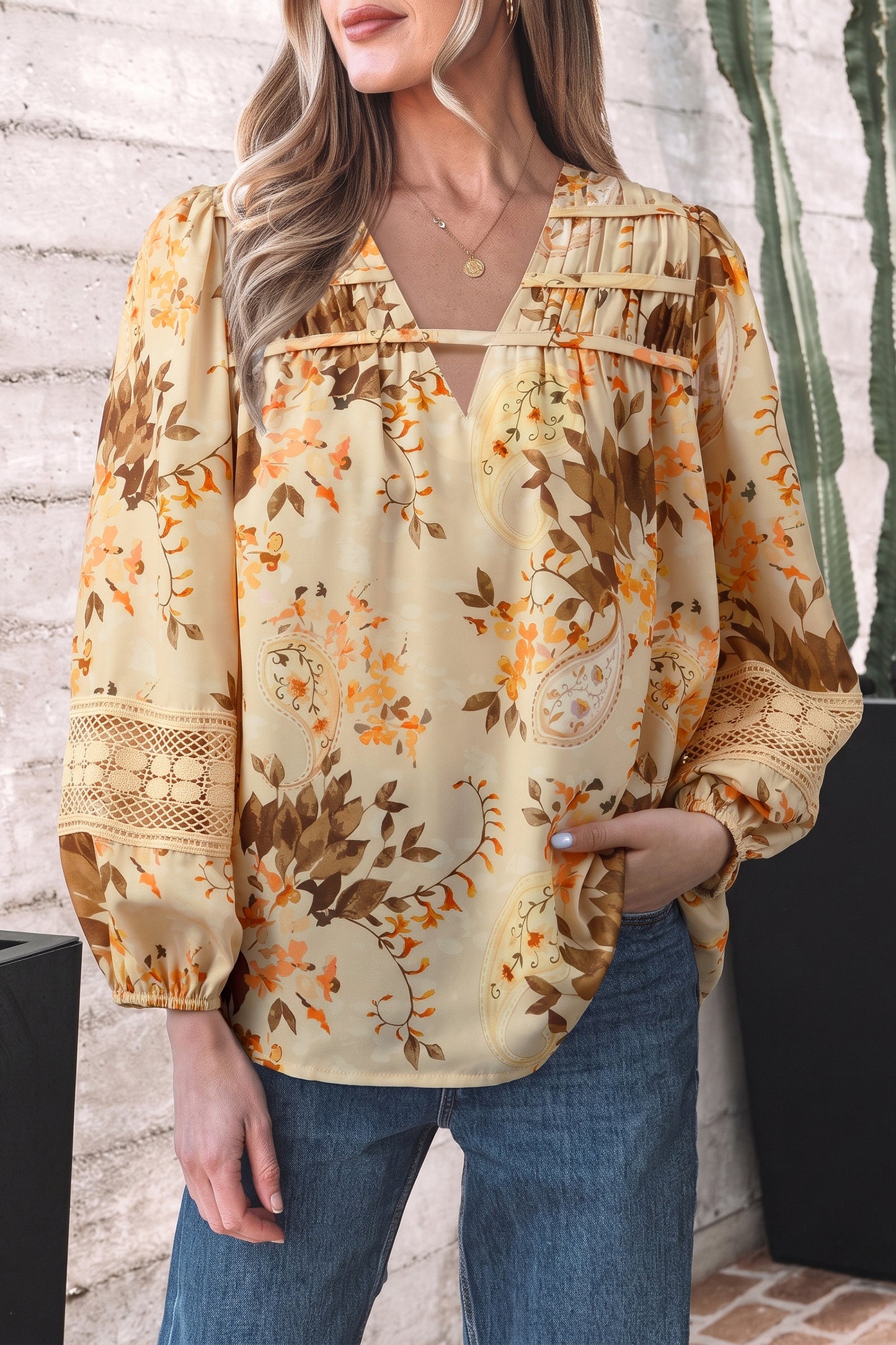 Khaki Paisley Print Decorative Binding Tape V Neck Shift Blouse