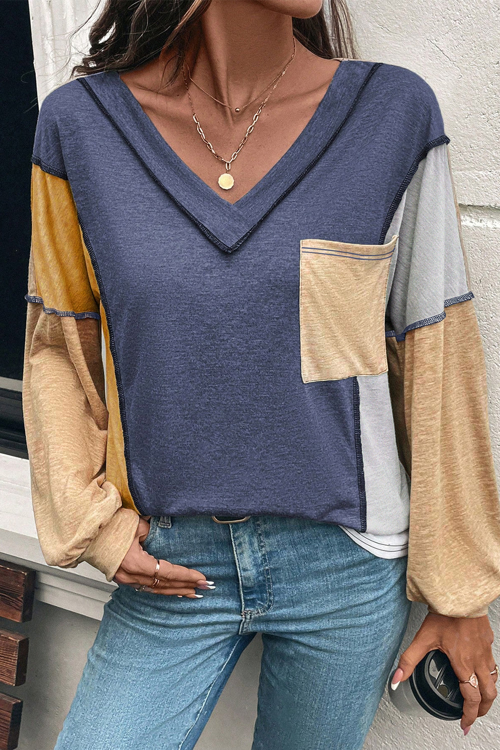 Four Leaf Clover Exposed Stitching Colorblock V Neck Long Sleeve Top