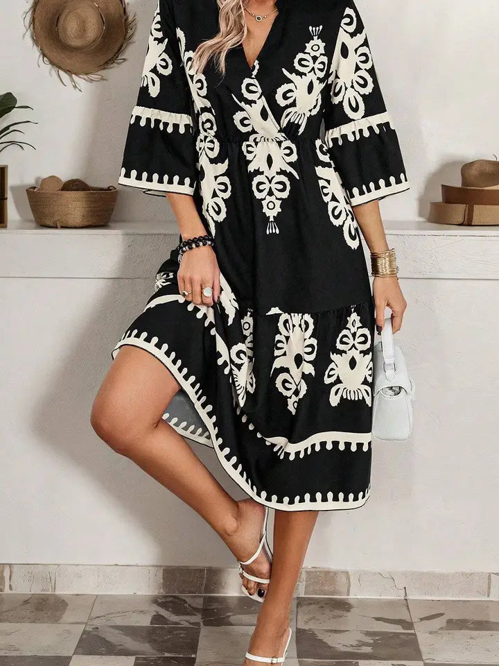 Beige Western Geometric Print 3/4 Sleeve Loose Midi Dress