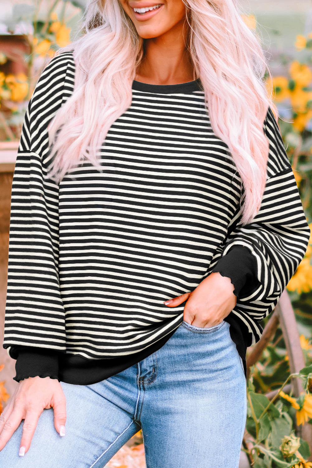 Solid Color Stripe Loose Drop Shoulder Long Sleeve Top