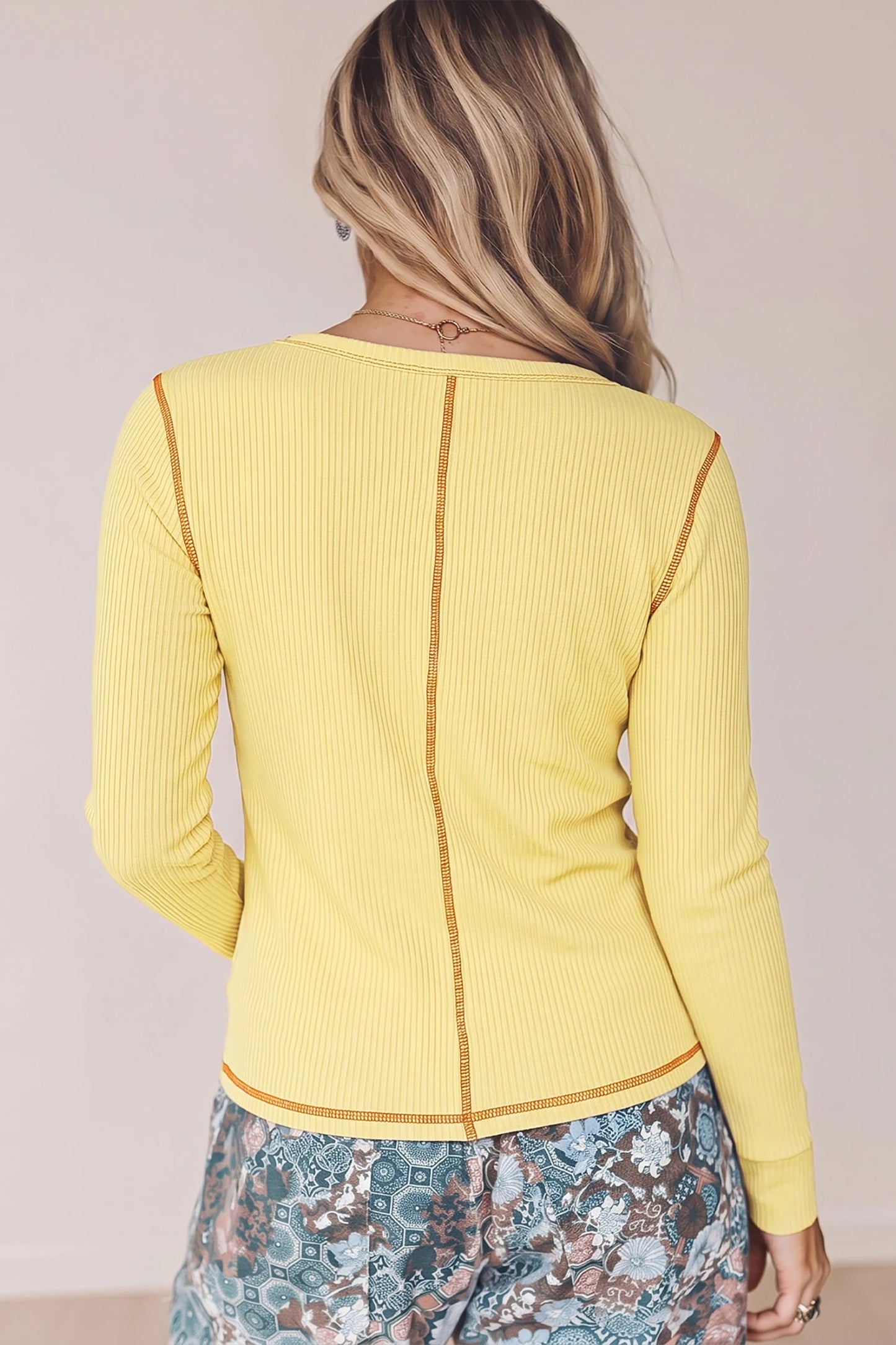 Dark Khaki V Neck Ribbed Stitched Detail Long Sleeve Top