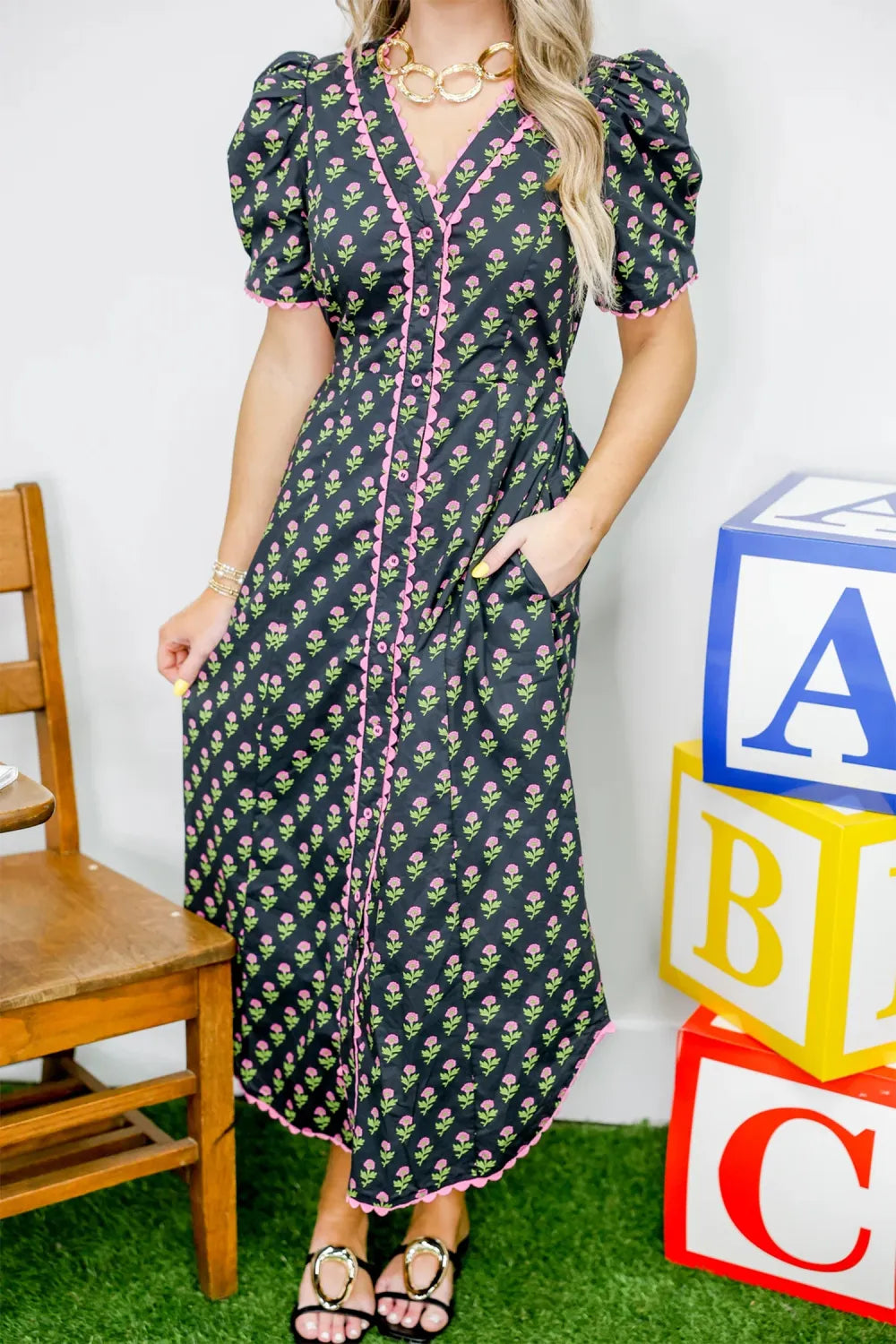 Black Floral Print V Neck Scallop Trim Button Front Short Sleeve Long Dress