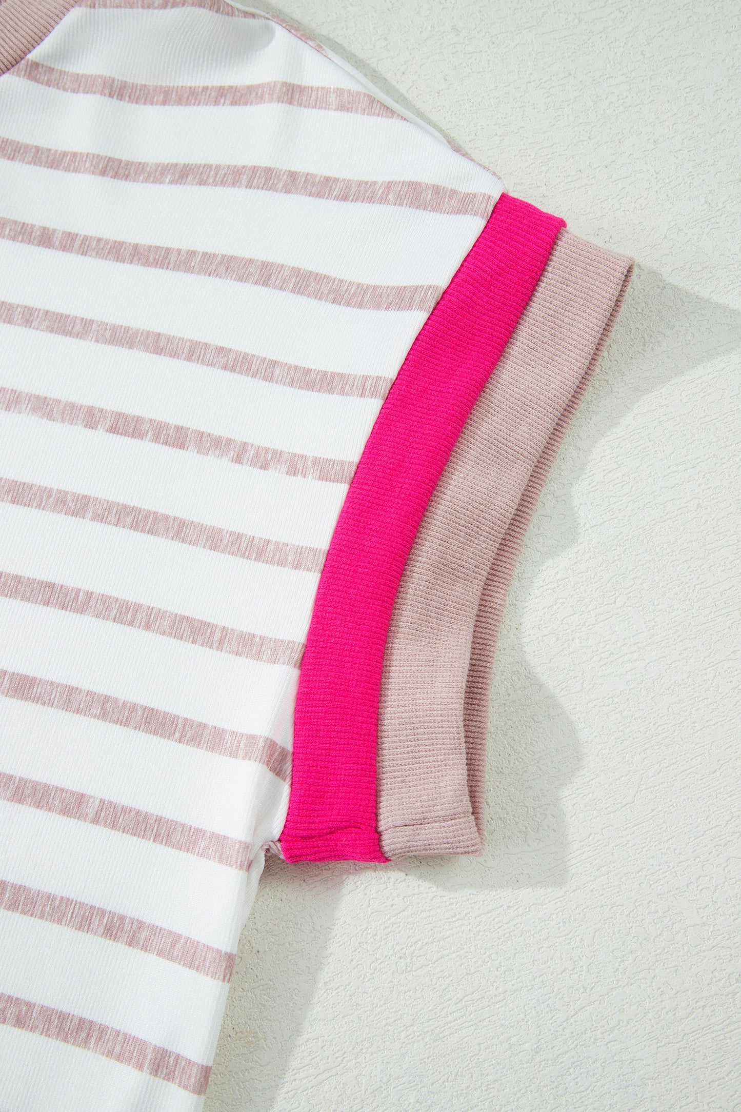 Khaki Stripe Color Block Trim Round Neck Short Sleeve Top