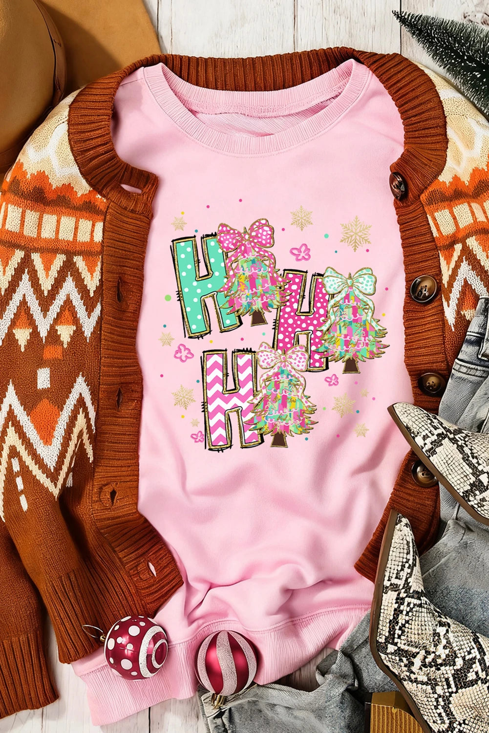 Pink HO HO HO Christmas Tree Graphic Pullover Sweatshirt