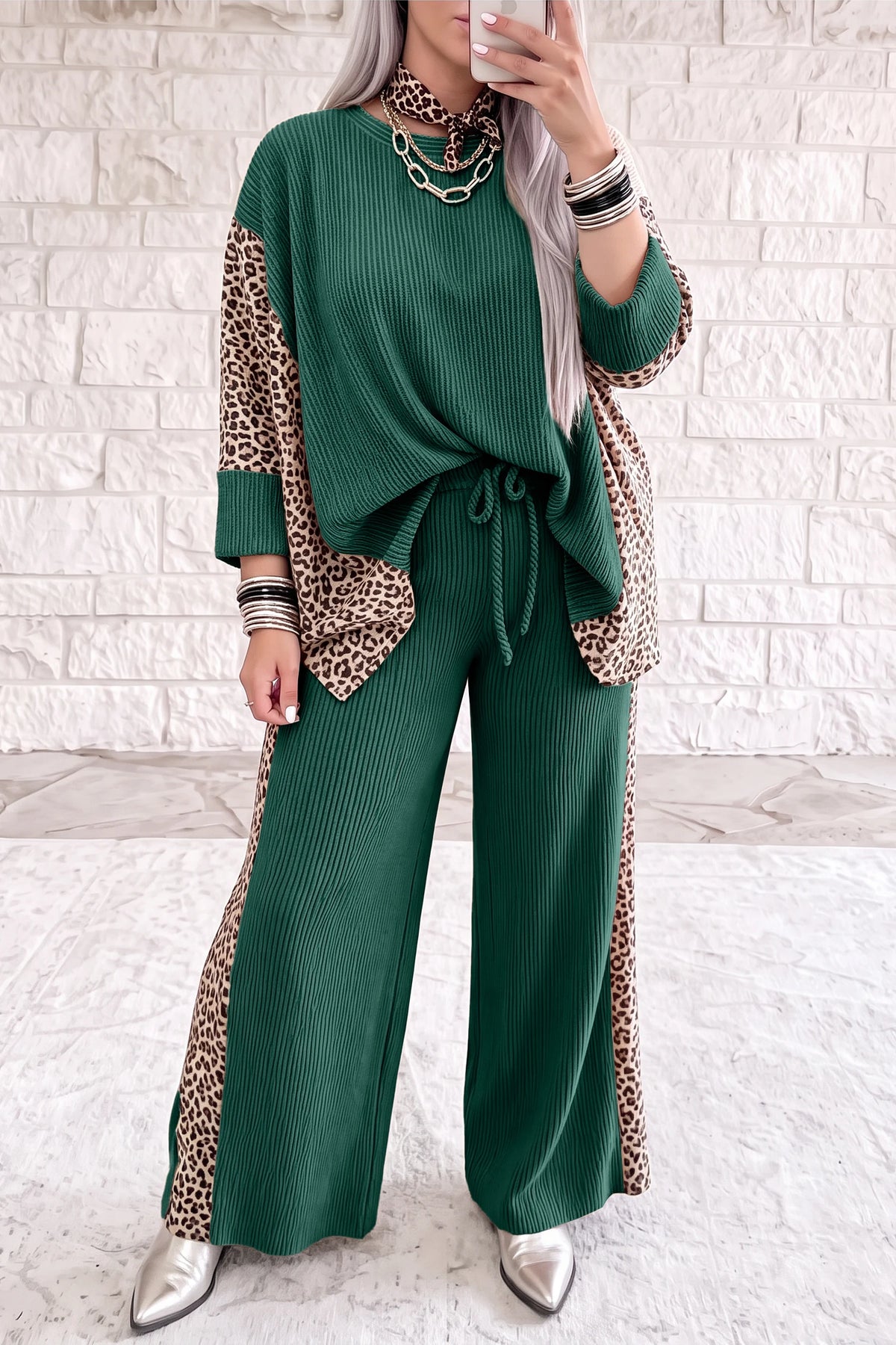 Parchment Leopard Print Twisted Ribbed Patchwork Long Sleeve Top Loose Pant Set
