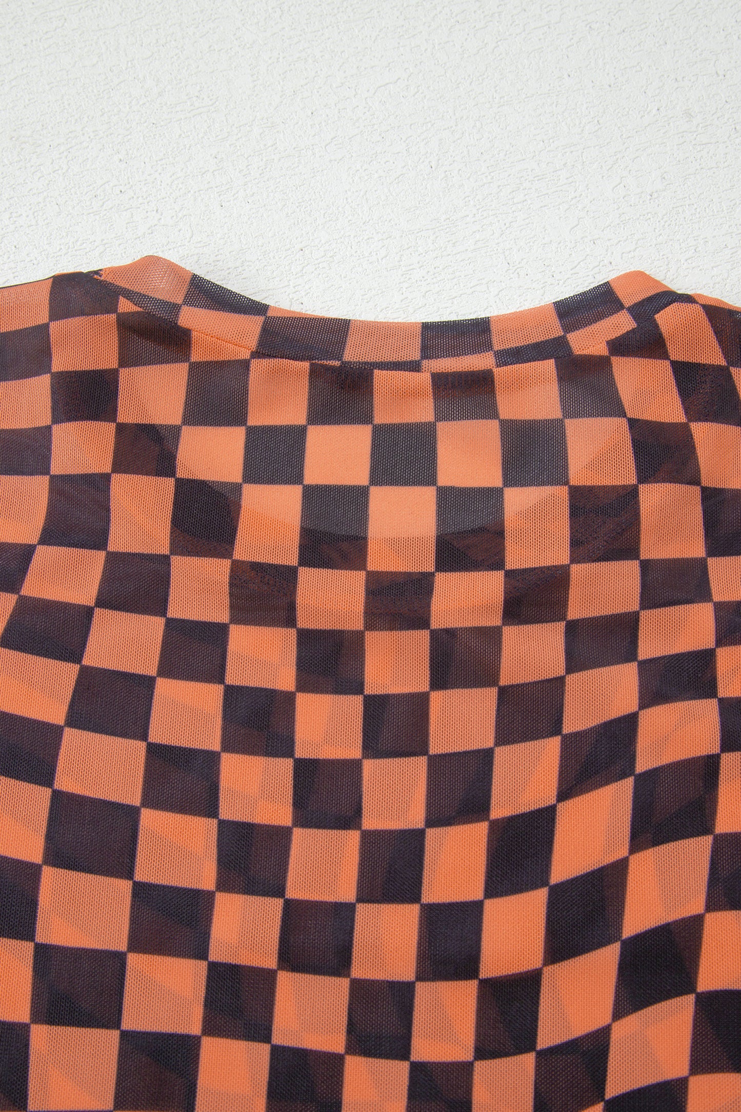 Khaki Checkered Print Crew Neck Mesh T Shirt