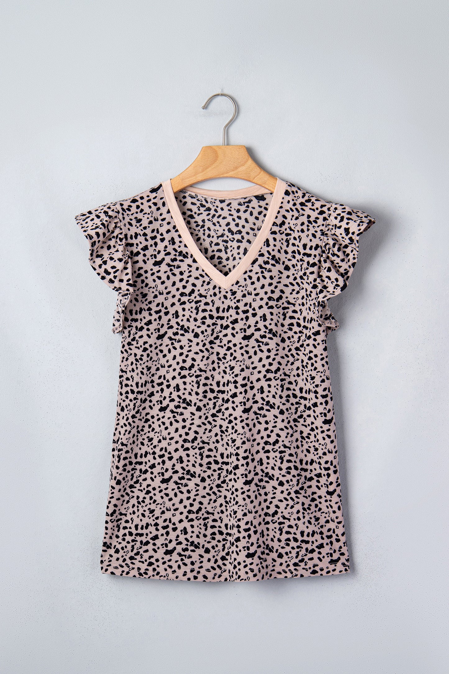 Black Cheetah Print V Neck Ruffle Trim Loose Tank Top