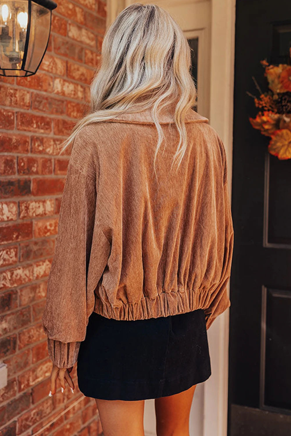 Chestnut Lapel Collar Pocketed Velvet Jacket