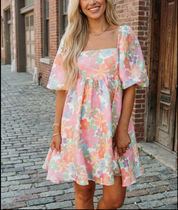 Women's Summer Floral Square Neck Puff Sleeve Babydoll Dress