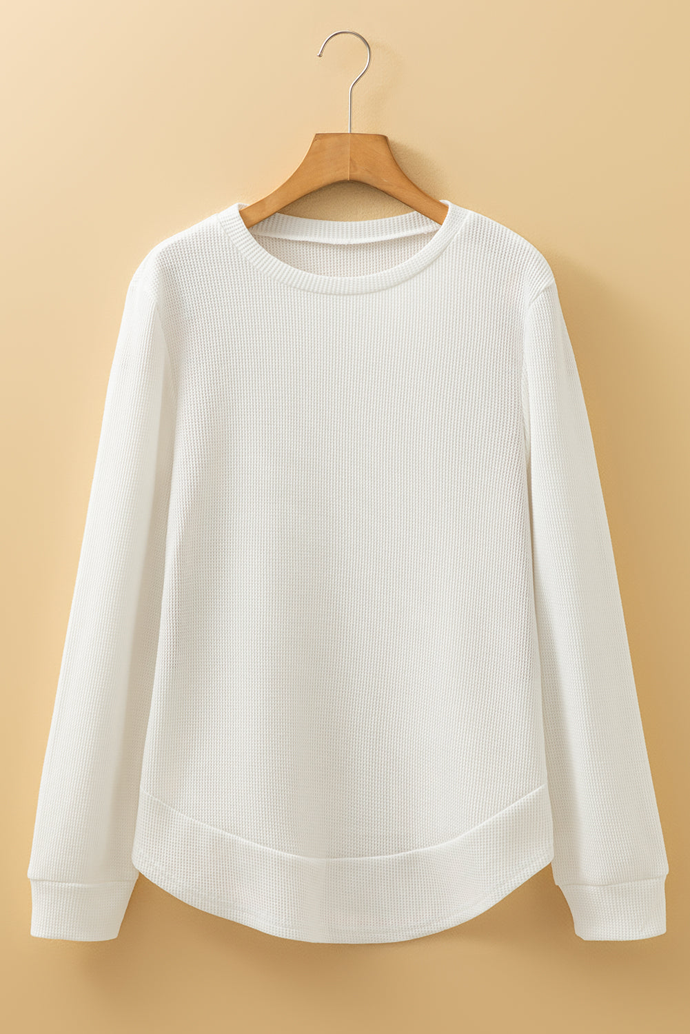 White Rounded Hem Waffle Long Sleeve Top
