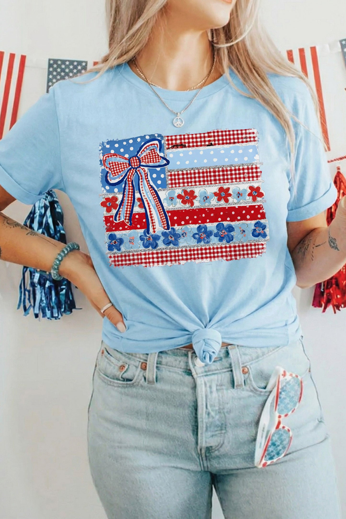 Independence Day Cotton Graphic Tee Casual Flag Print