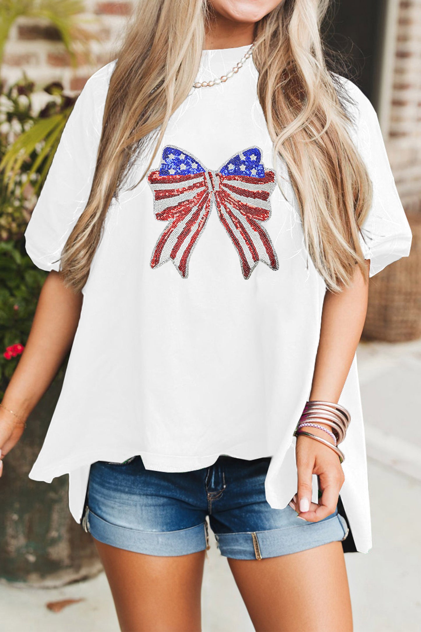 Sequin Cotton Graphic Tee Patriotic Bow Boutique Top