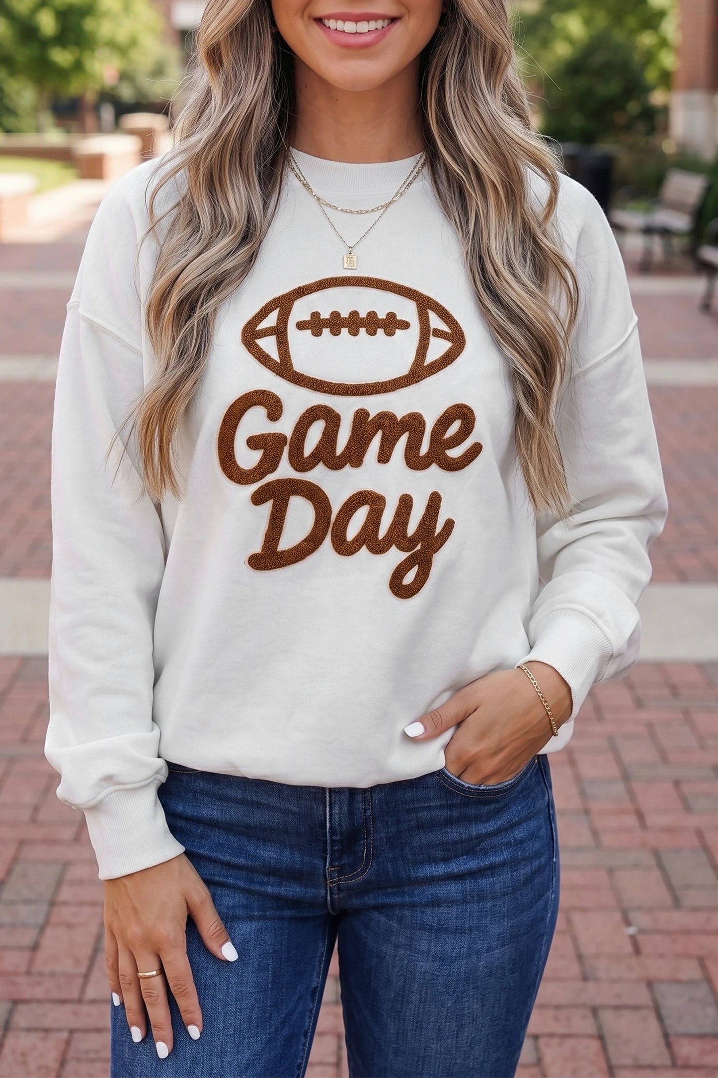 Embroidered Slogan Game Day Rugby Pattern Crewneck Sweatshirt