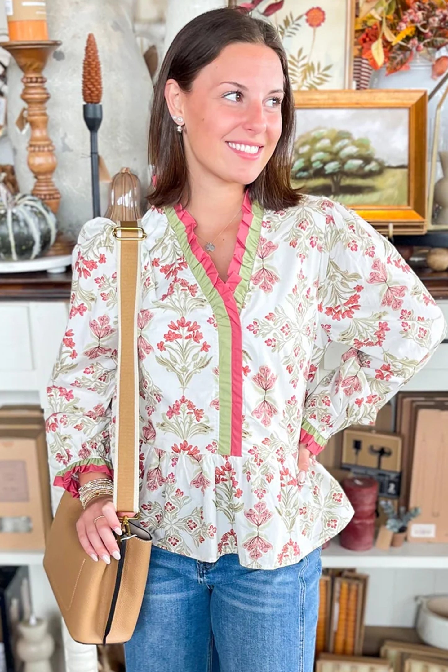 Floral Cotton Blouse Boho Ruffle Peplum Top