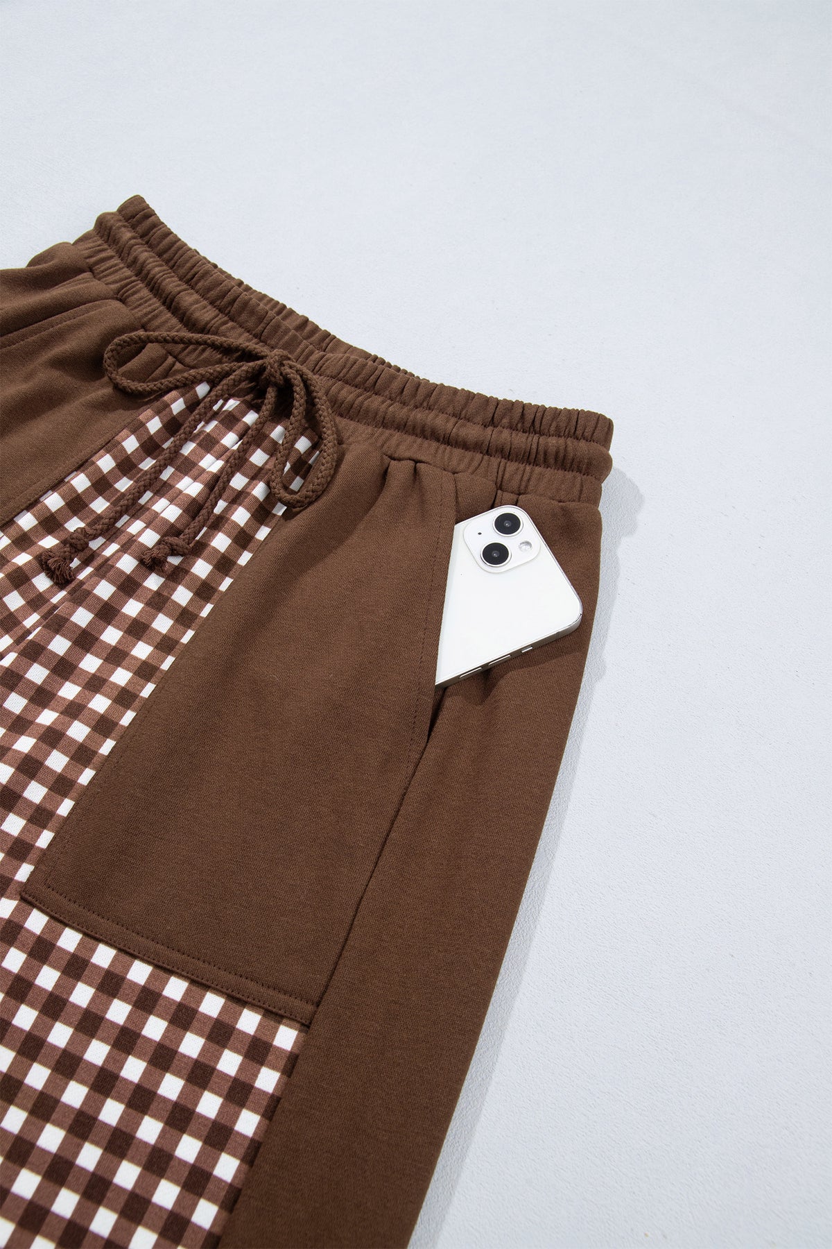 Khaki Color Block Plaid Patchwork Long Sleeve Pullover Wide Leg Pant Set