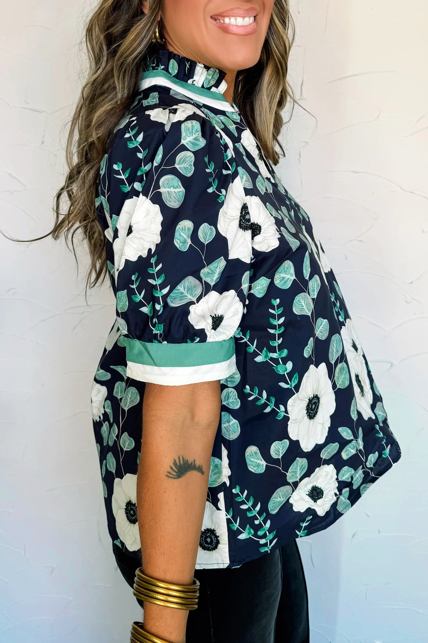 Blue Floral Print Striped Patchwork V Neck Short Sleeve Blouse