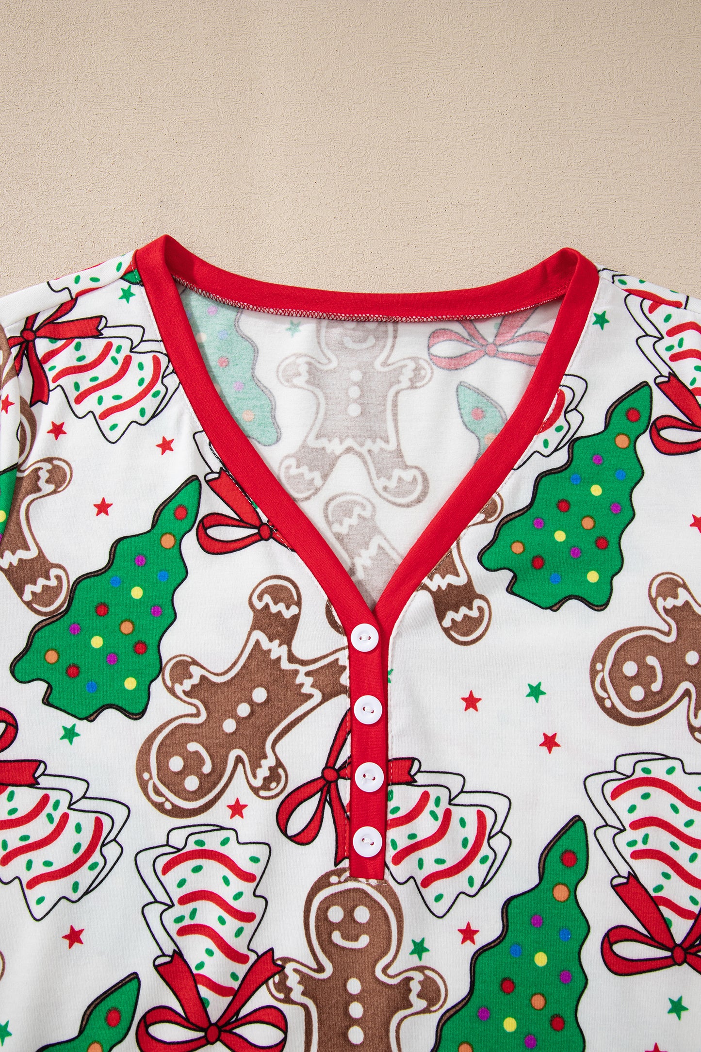 Pink Christmas Pattern Button V Neck Pullover Drawstring Pants 2pcs Lounge Set