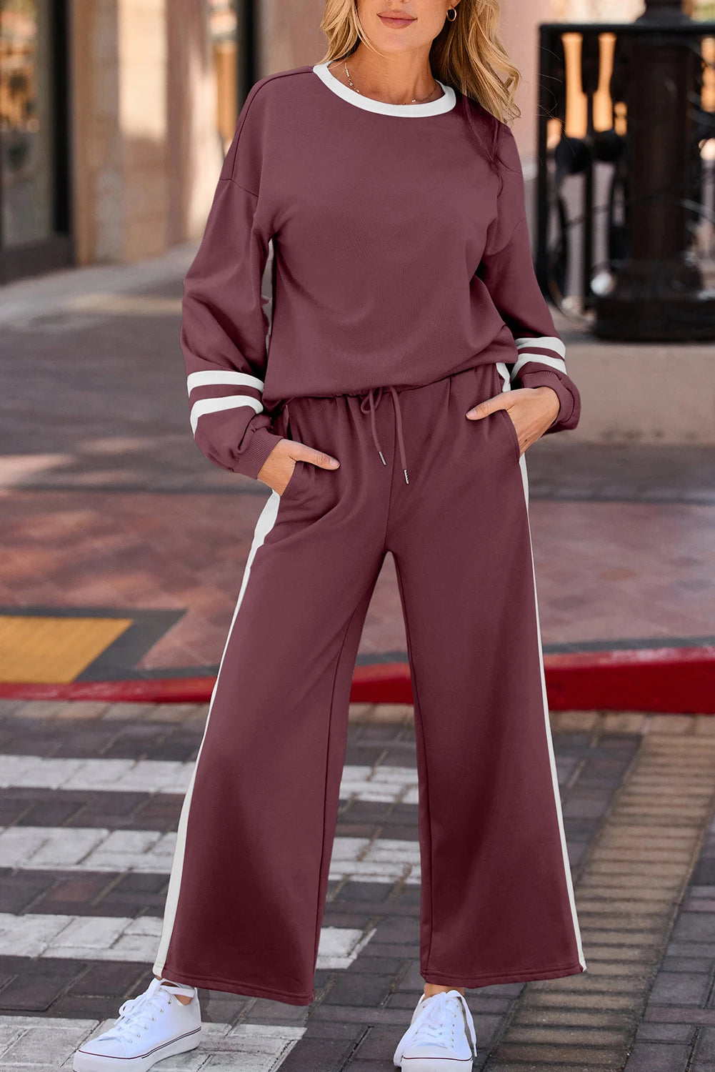 Blue Varsity Stripe Patchwork Puff Sleeve Pullover Drawstring Wide Leg Pant Set