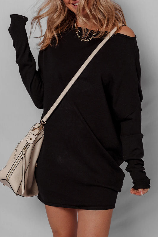 Black Asymmetric Neck Batwing Sleeve Shift Mini Sweater Dress