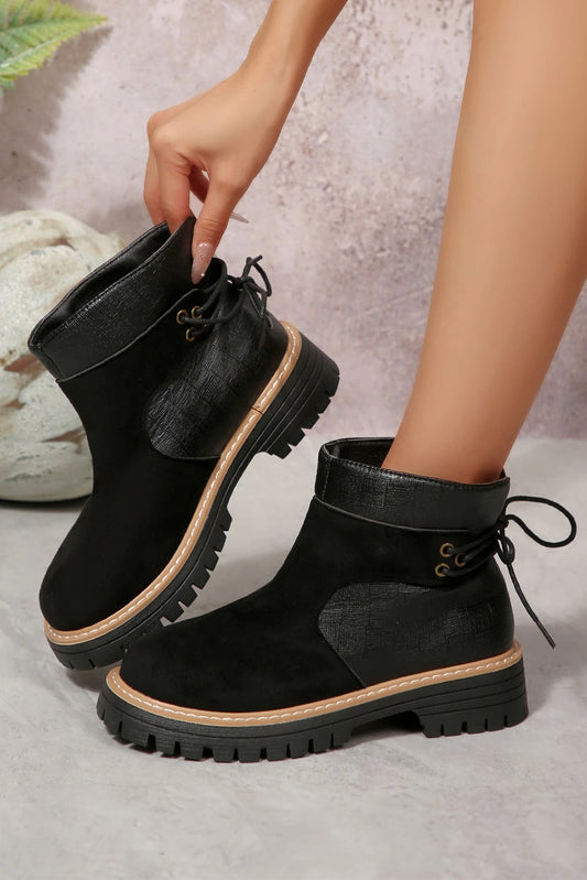Black Texture PU Leather Faux Suede Patchwork Lace-up Detail Boots