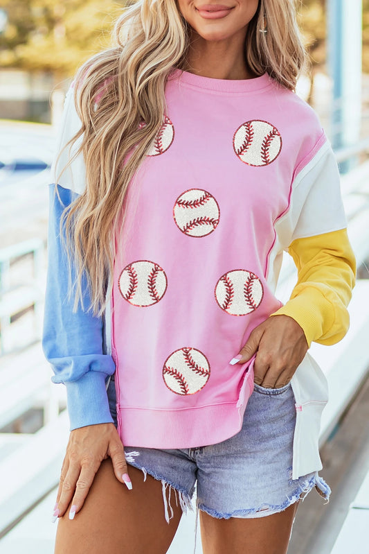Bonbon Color Block Patchwork Sequin Baseball Patched Sweatshirt