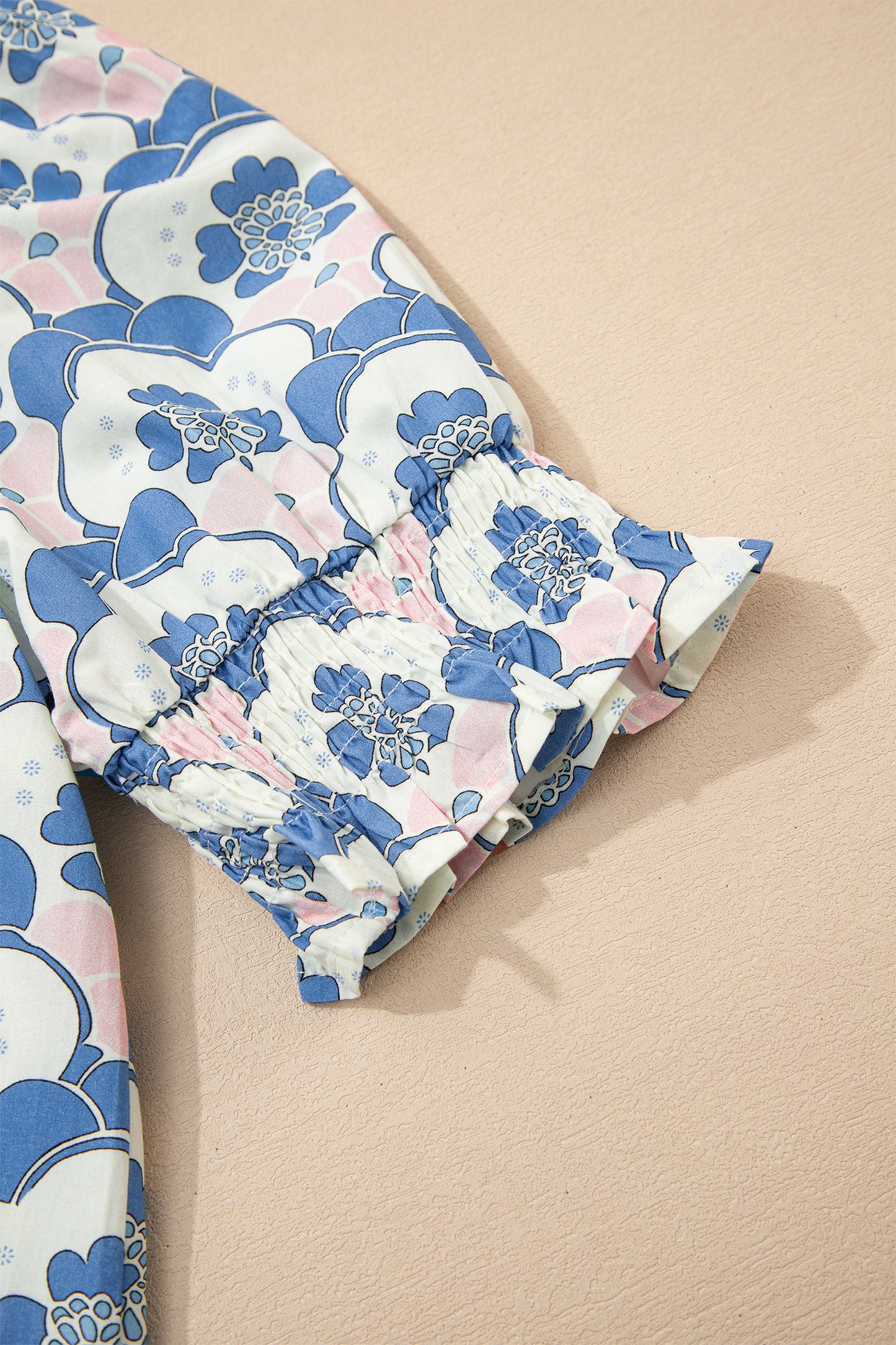 Sky Blue Floral Print Flounced Short Sleeve Contrast Trim V Neck Blouse