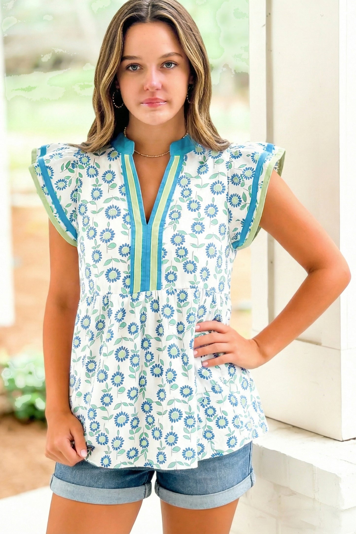 Floral Cotton Blend Babydoll Blouse Flutter Sleeve Top