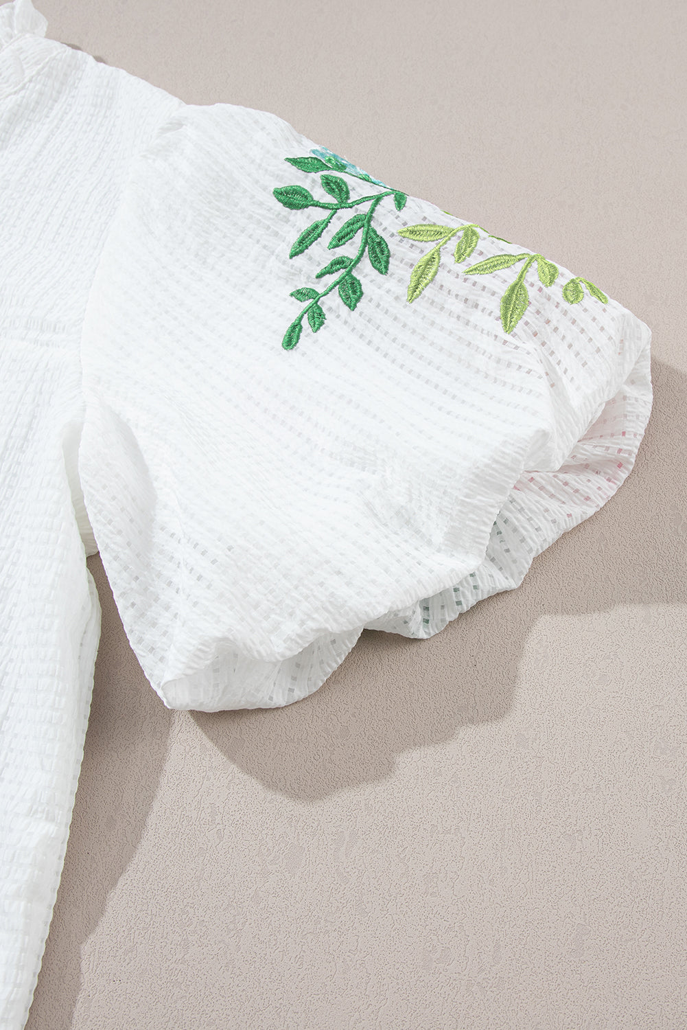 Solid Color Floral Embroidered Puff Sleeve Notched Neck Blouse