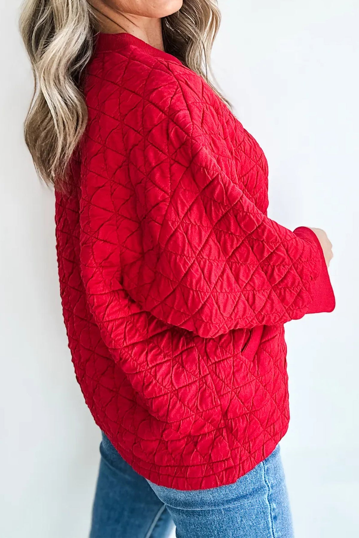 Fiery Red Quilted Diamond Pattern 3/4 Sleeve Pocketed Casual Top