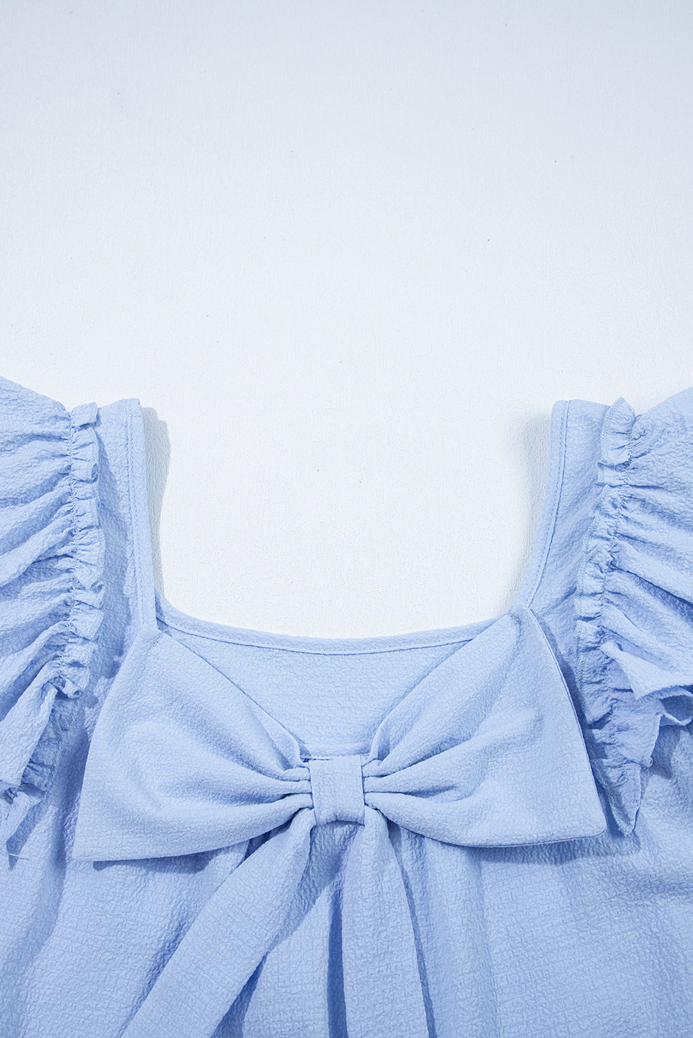 Gossamer Pink Textured Bow Knot Frilled Butterfly Sleeve Blouse