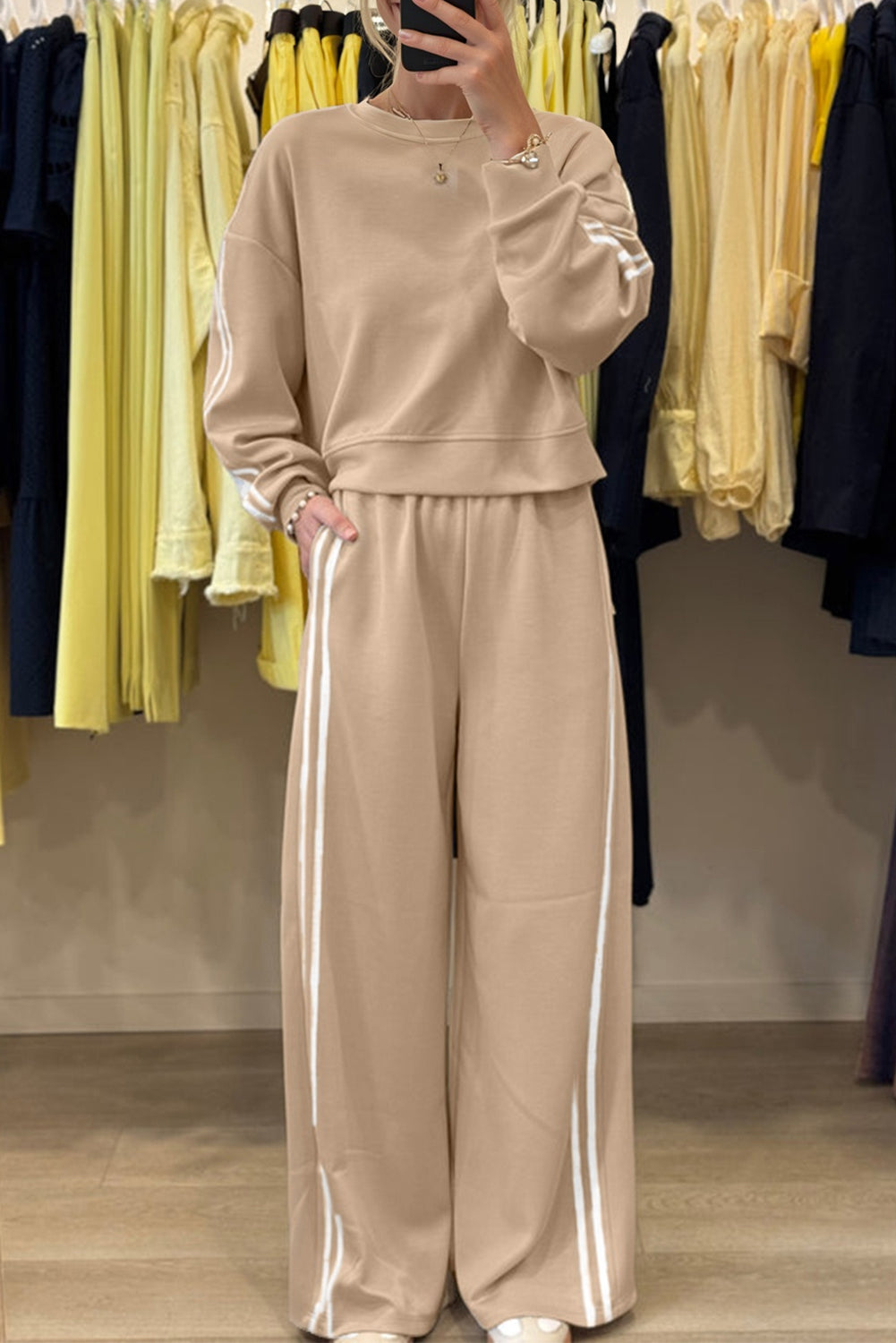 Black Varsity Striped Detail Crewneck Pullover Elastic Sweatpants 2pcs Outfit