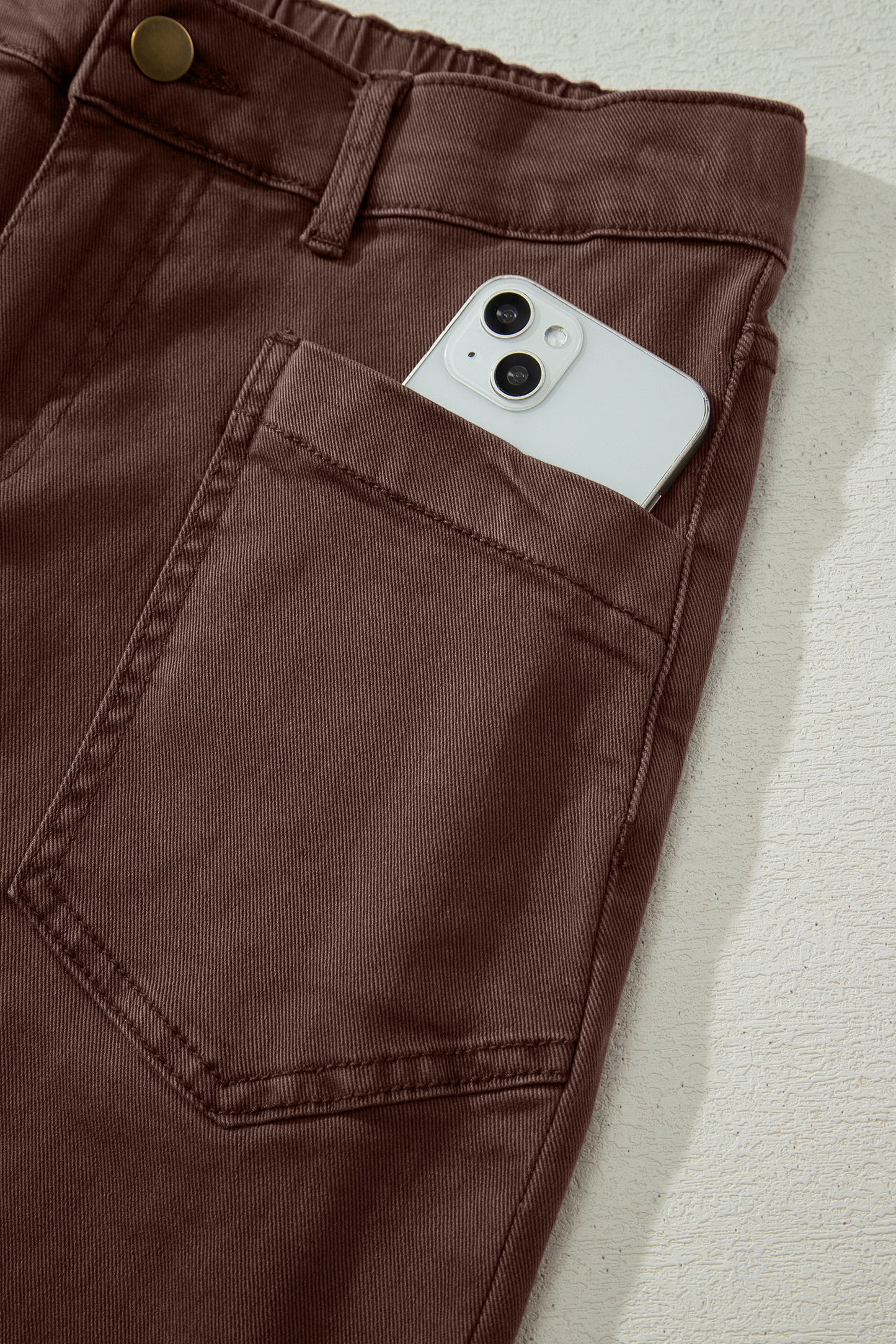Coffee Solid Color Square Patch Pocket Ankle-length Barrel Jeans