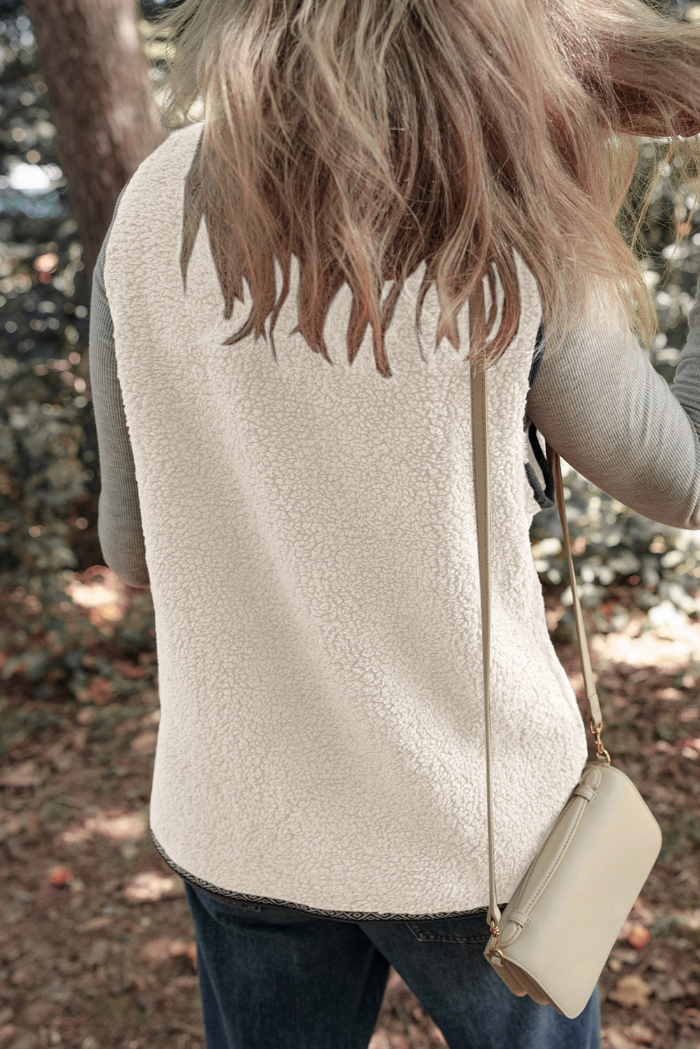 White Sherpa Contrast Trim Patch Pocket Cartridge Toggle Button Vest