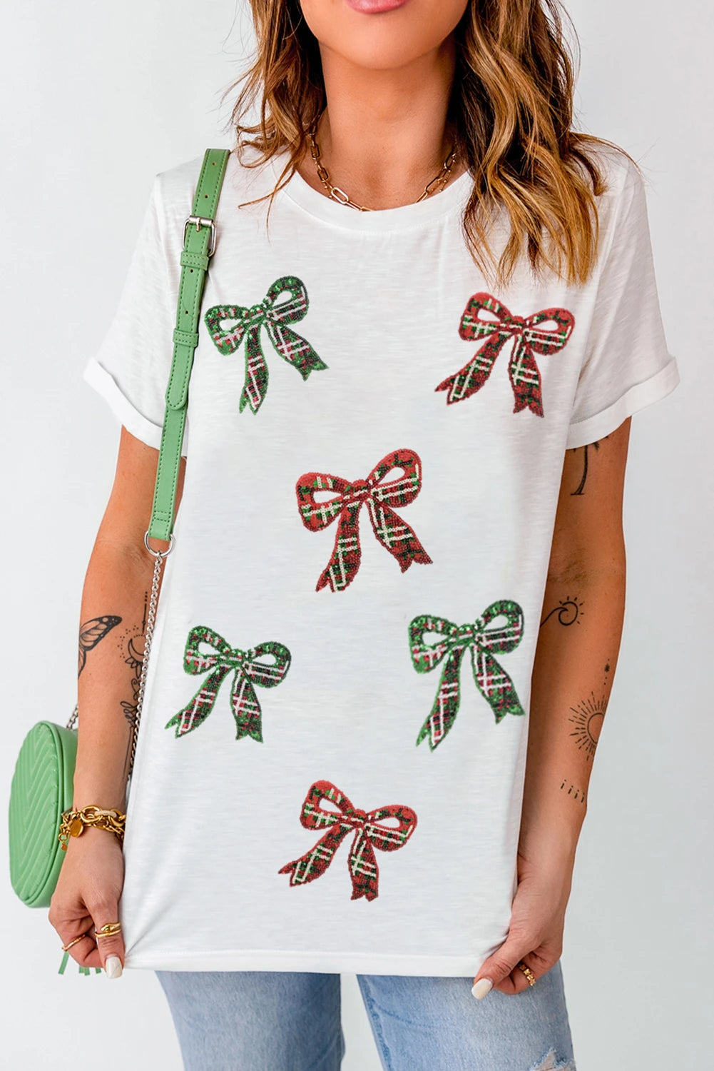 White Christmas Bowknot Graphic Cotton Blend T Shirt