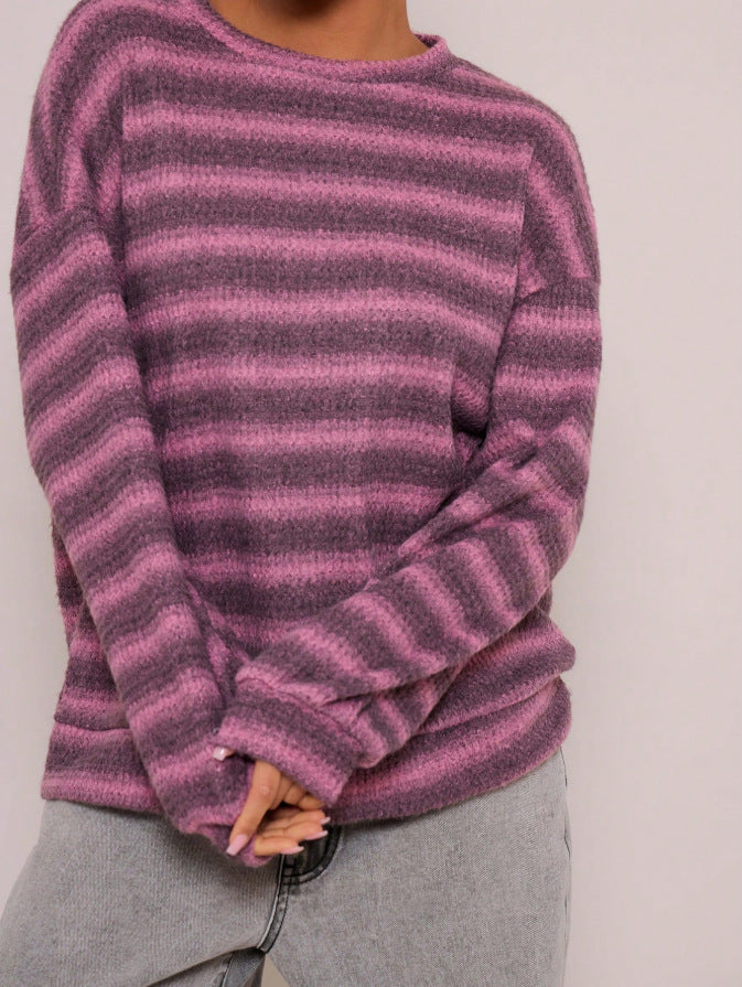Striped Brushed Sweater Boutique Oversized Drop Shoulder Pullover