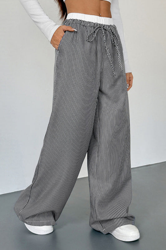 Striped High Waist Wide Leg Casual Drawstring Pants Women