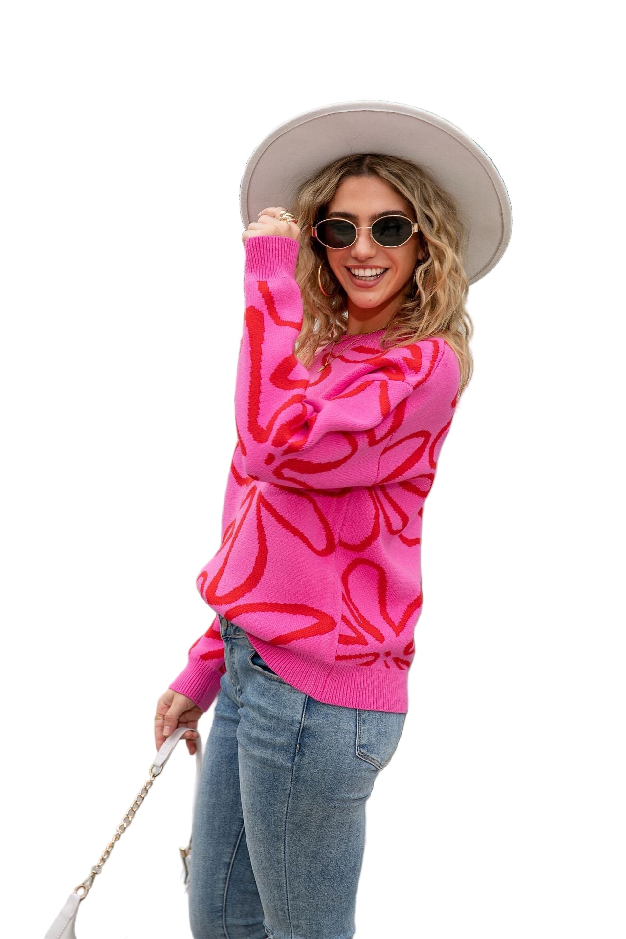Floral Outline Crewneck Knit Sweater – Soft & Cozy Fall Style