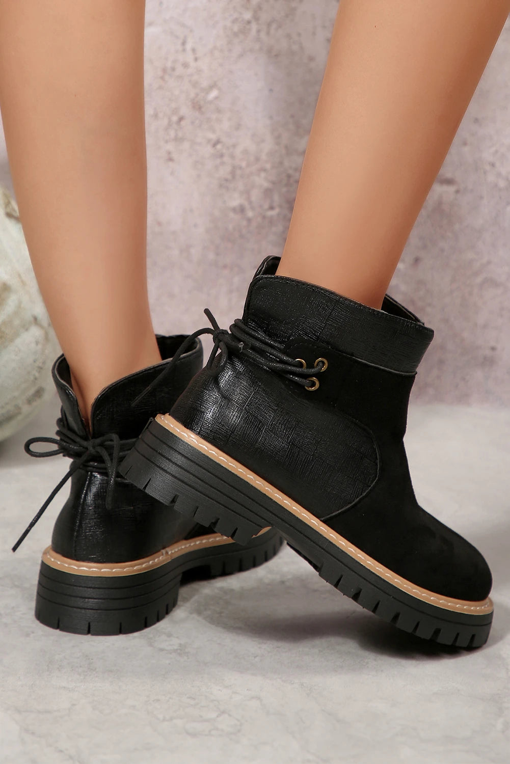 Black Texture PU Leather Faux Suede Patchwork Lace-up Detail Boots
