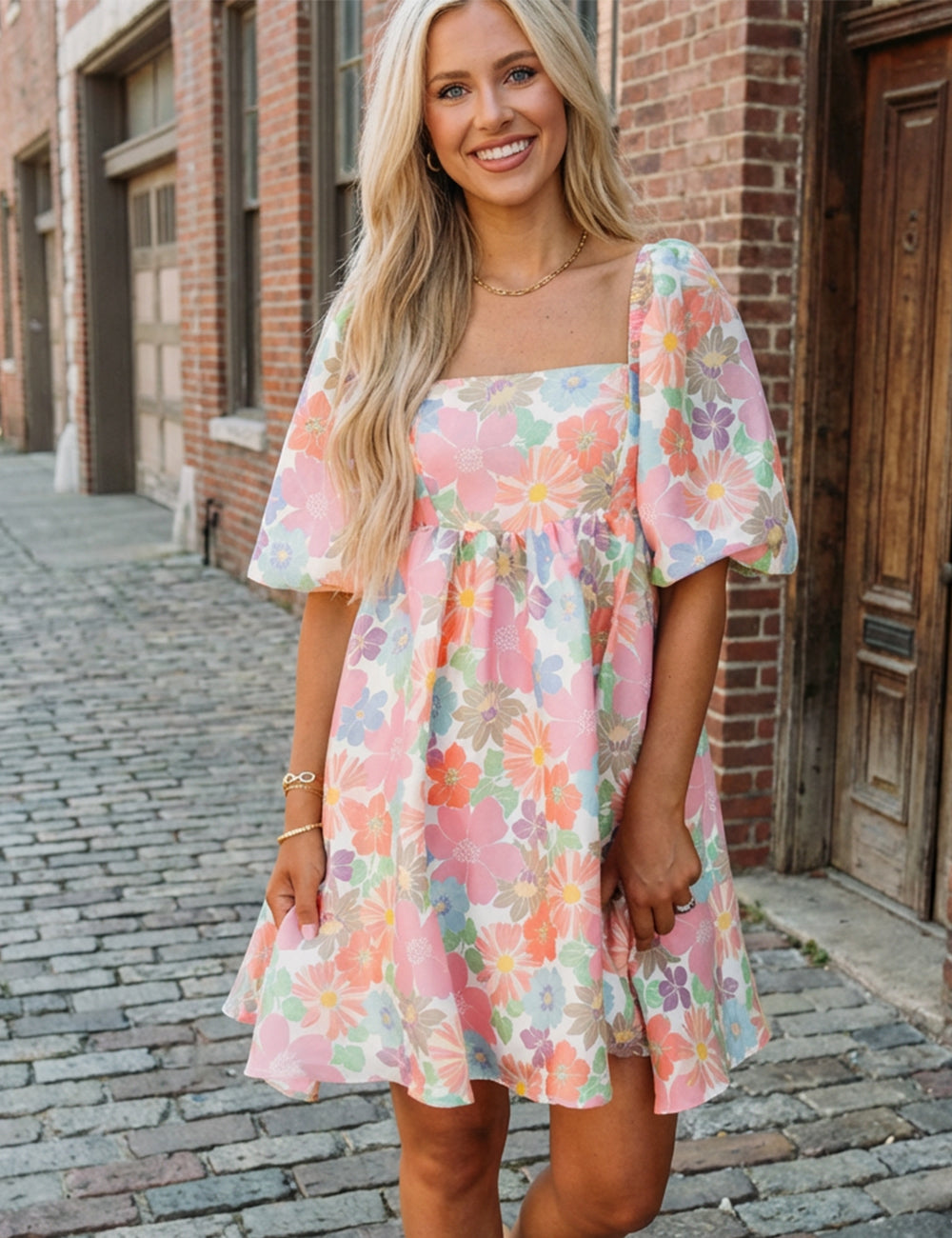 Women's Summer Floral Square Neck Puff Sleeve Babydoll Dress
