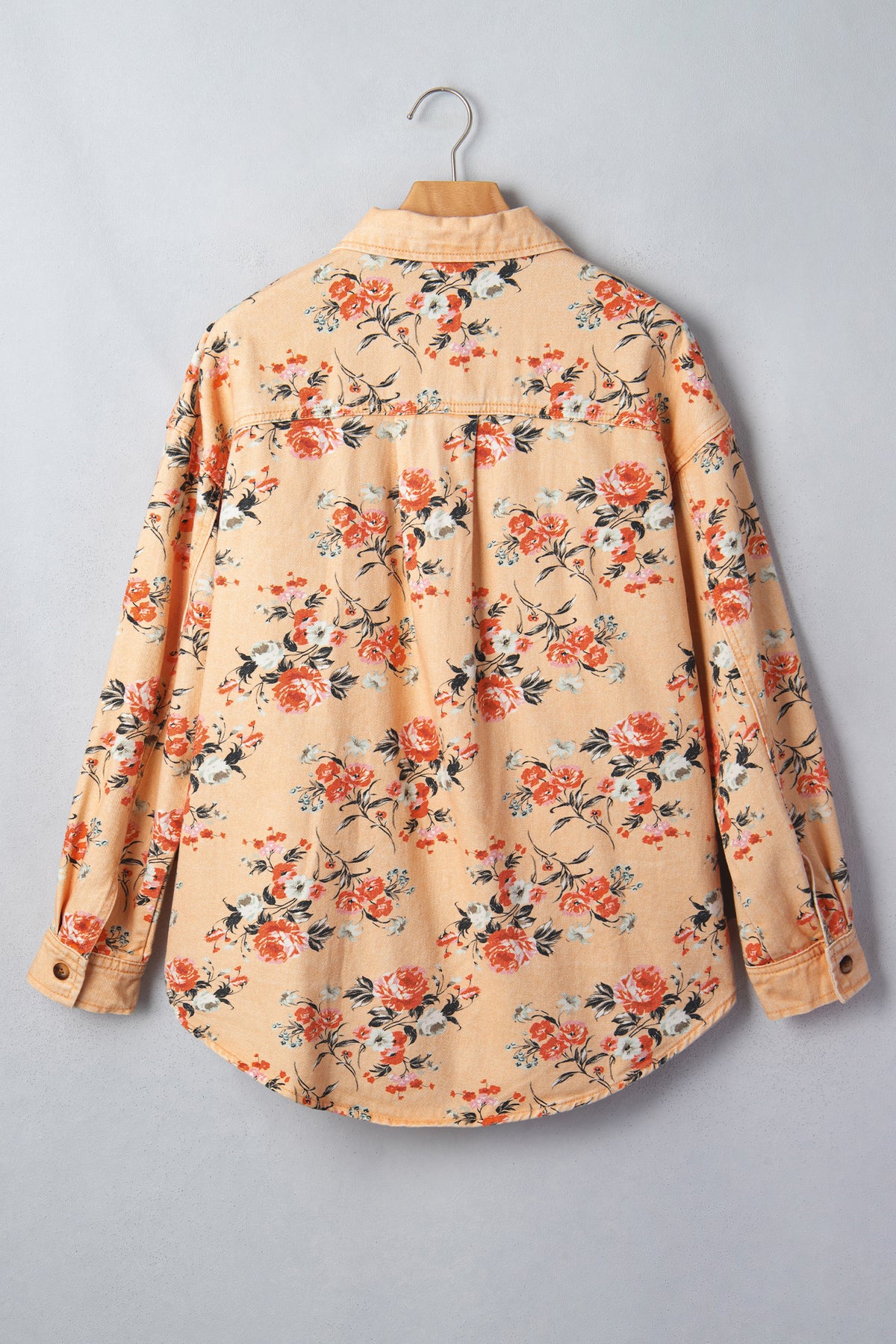 Khaki Floral Print Long Sleeve Denim Jacket Shift Silhouette Tunic Length Casual Daily Wear